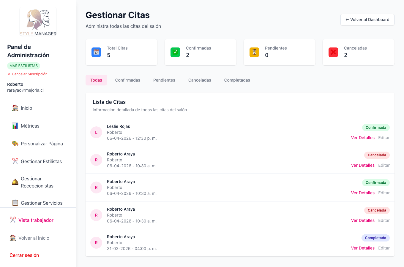 Listado de citas con filtros por estado; la captura muestra la tabla una vez cargados los datos.