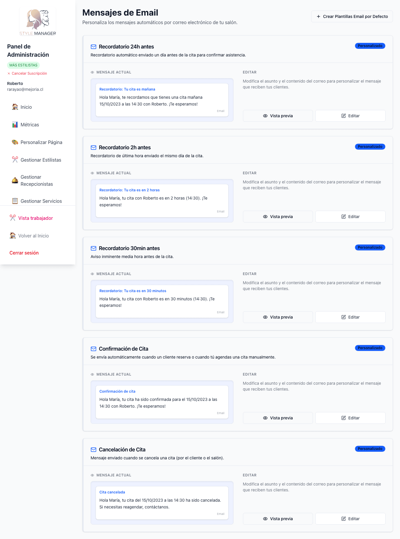 Editor de plantillas de correo electrónico.