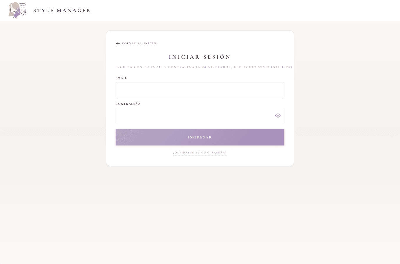 Pantalla de inicio de sesión (administrador, estilista o recepción según tu enlace).