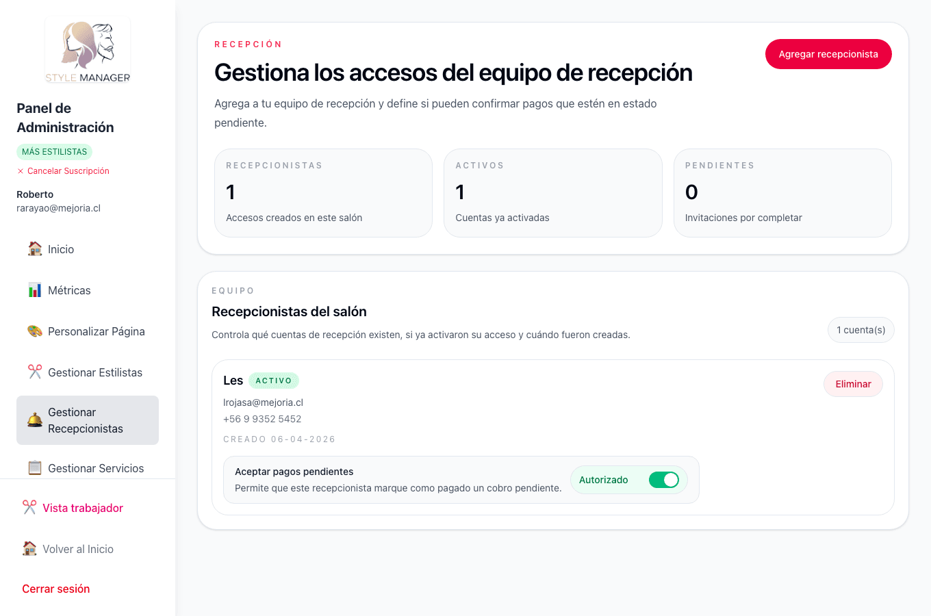 Listado de recepcionistas del salón: altas, estado y permisos.