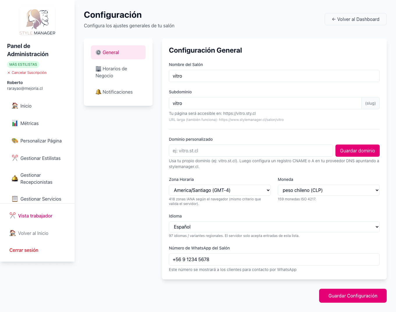 Pestañas General, Horarios de negocio y Notificaciones en configuración del salón.