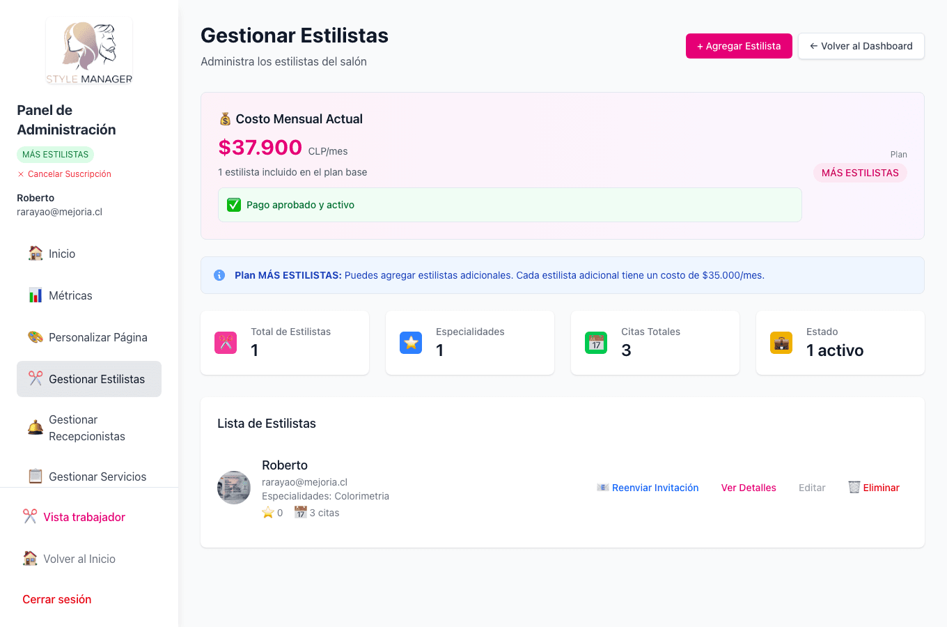 Gestión de estilistas del salón.