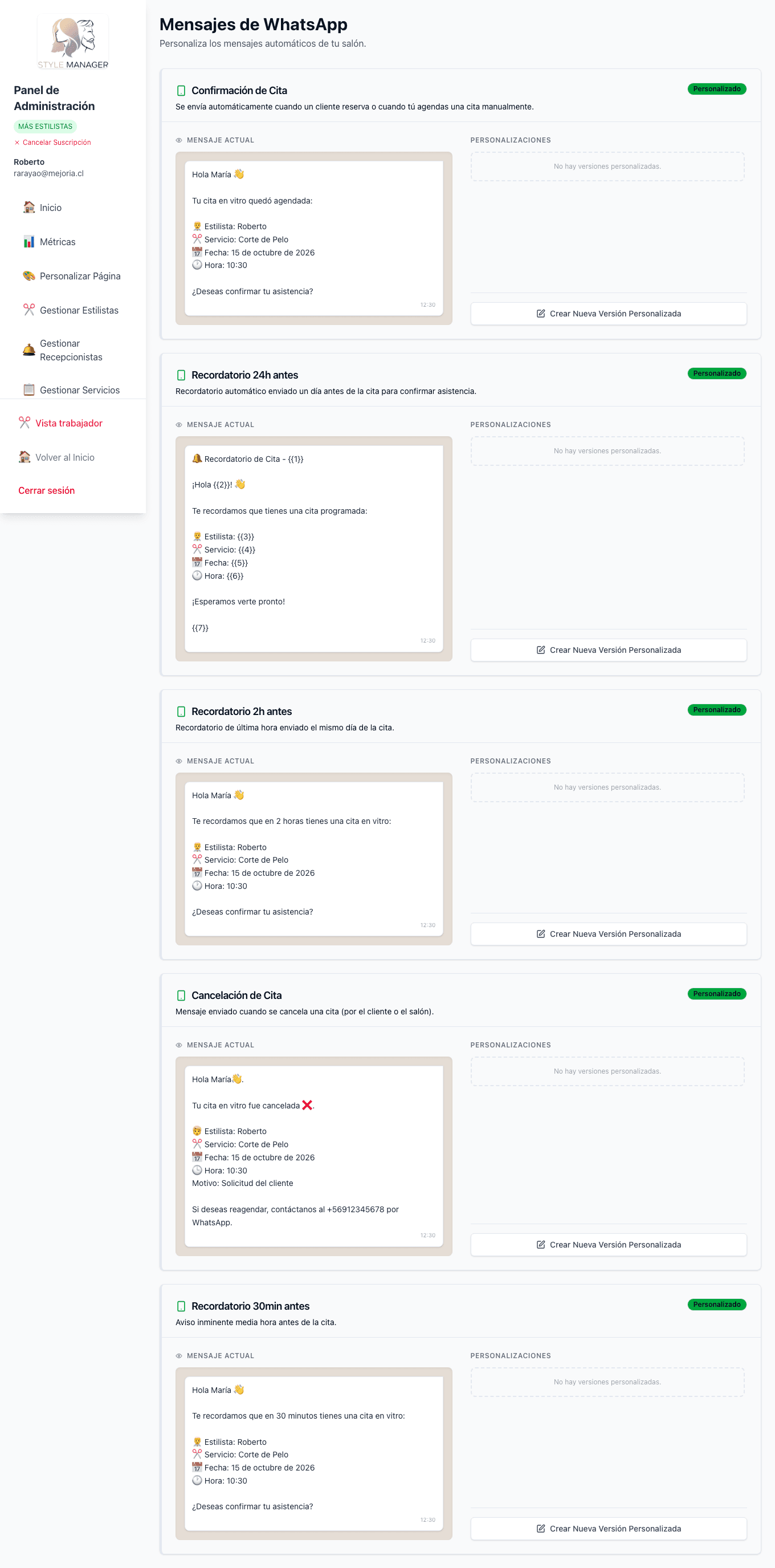 Vista de plantillas de WhatsApp por tipo de mensaje del salón.