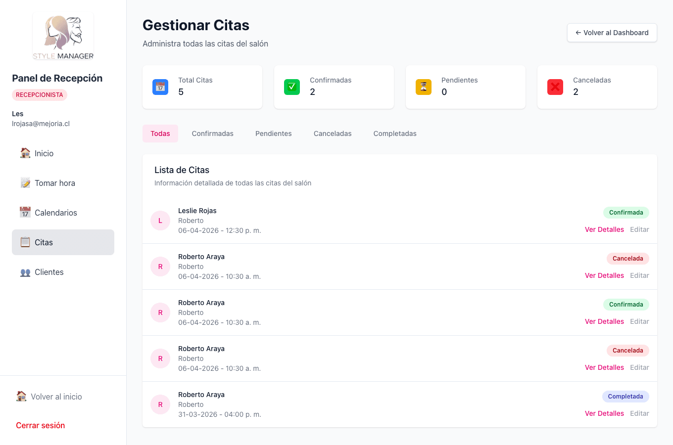 Gestión de citas desde recepción (misma herramienta operativa que el admin, con permisos acotados).