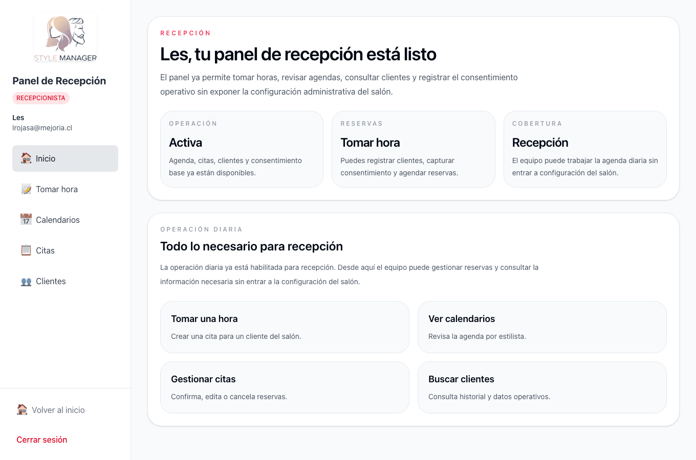 Panel de inicio de recepción: accesos rápidos a tomar hora, calendarios, citas y clientes.
