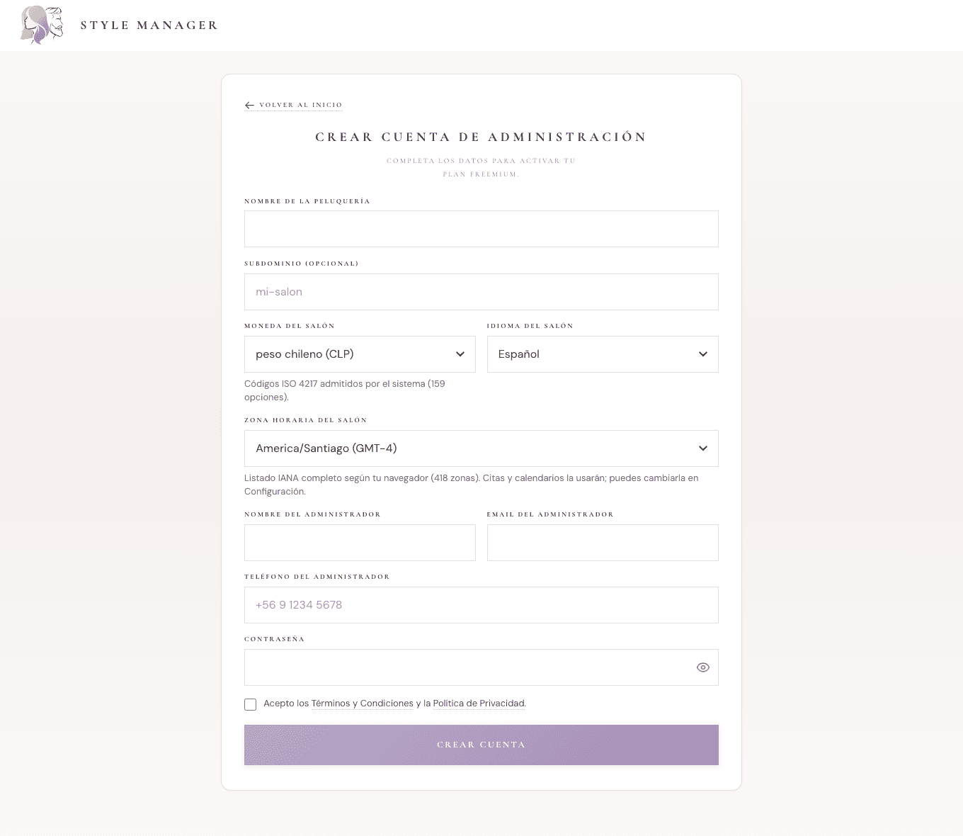 Formulario de registro para crear el salón y comenzar con un plan.